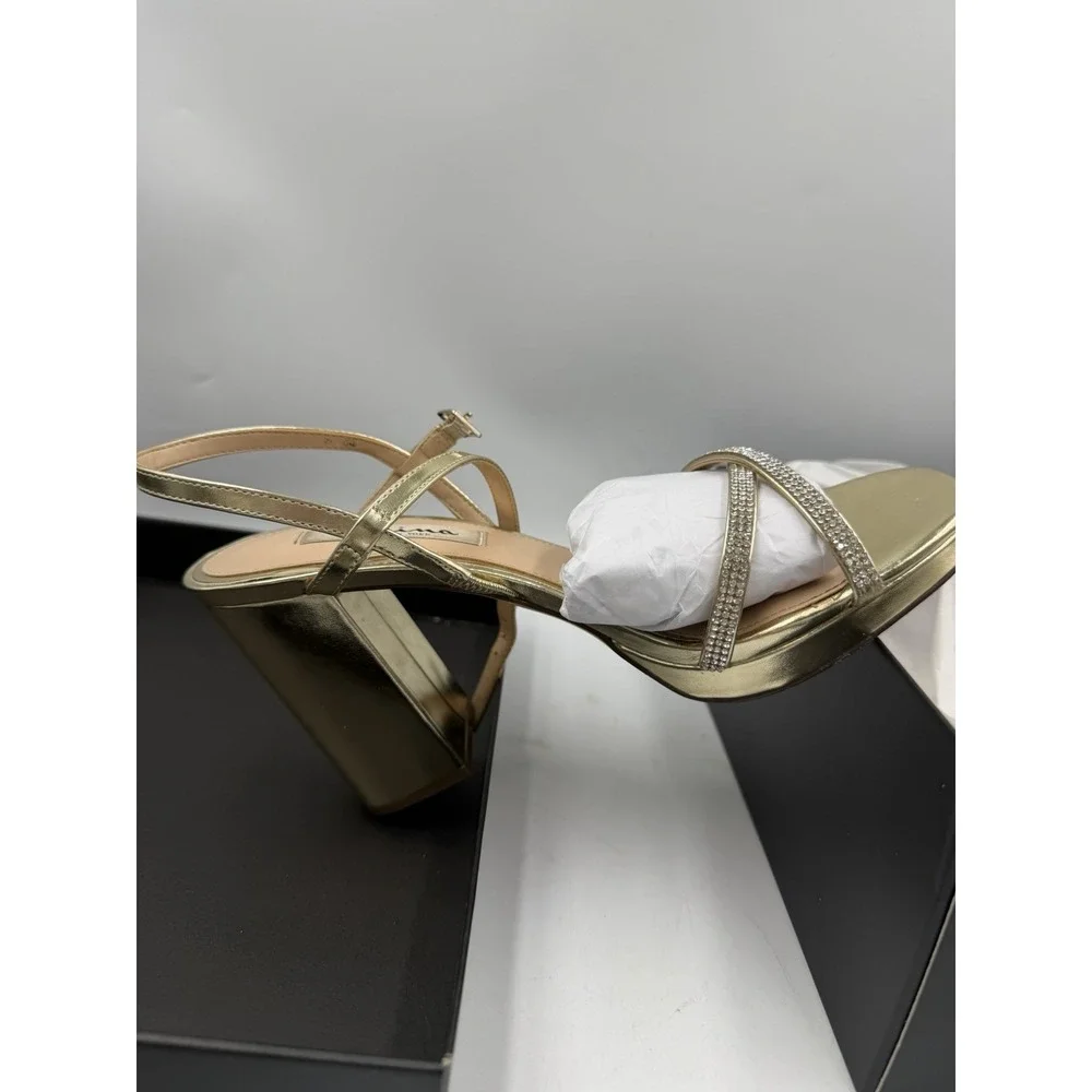 New With Box Nina Gold Strappy Sandals with Rhinestone Accents Size 7.5 M